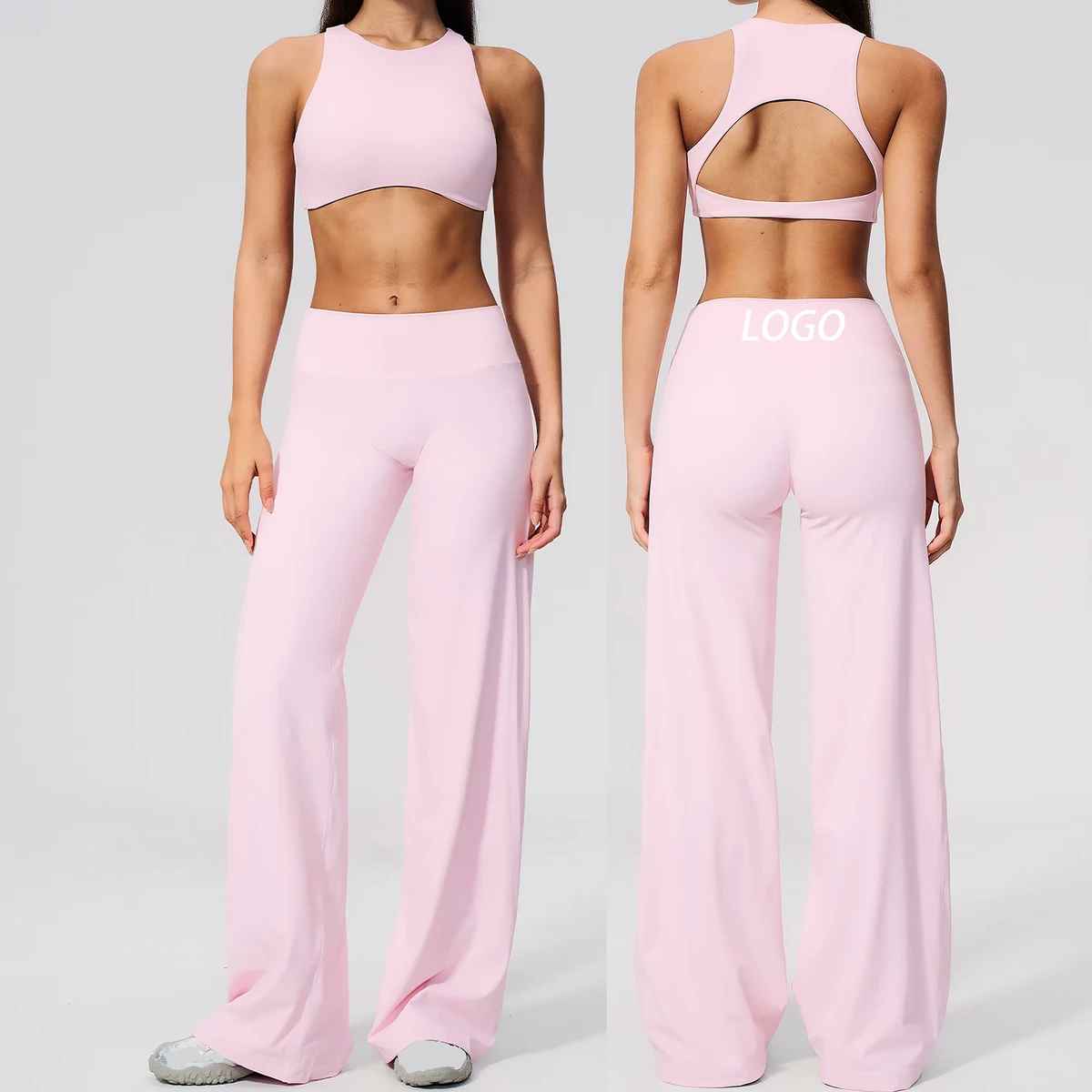 Custom Logo Women 2 Piece Yoga Set Open Cutout Back Sports Bra with High Waist Wide Leg Flare Workout Pants Roupa De Academia