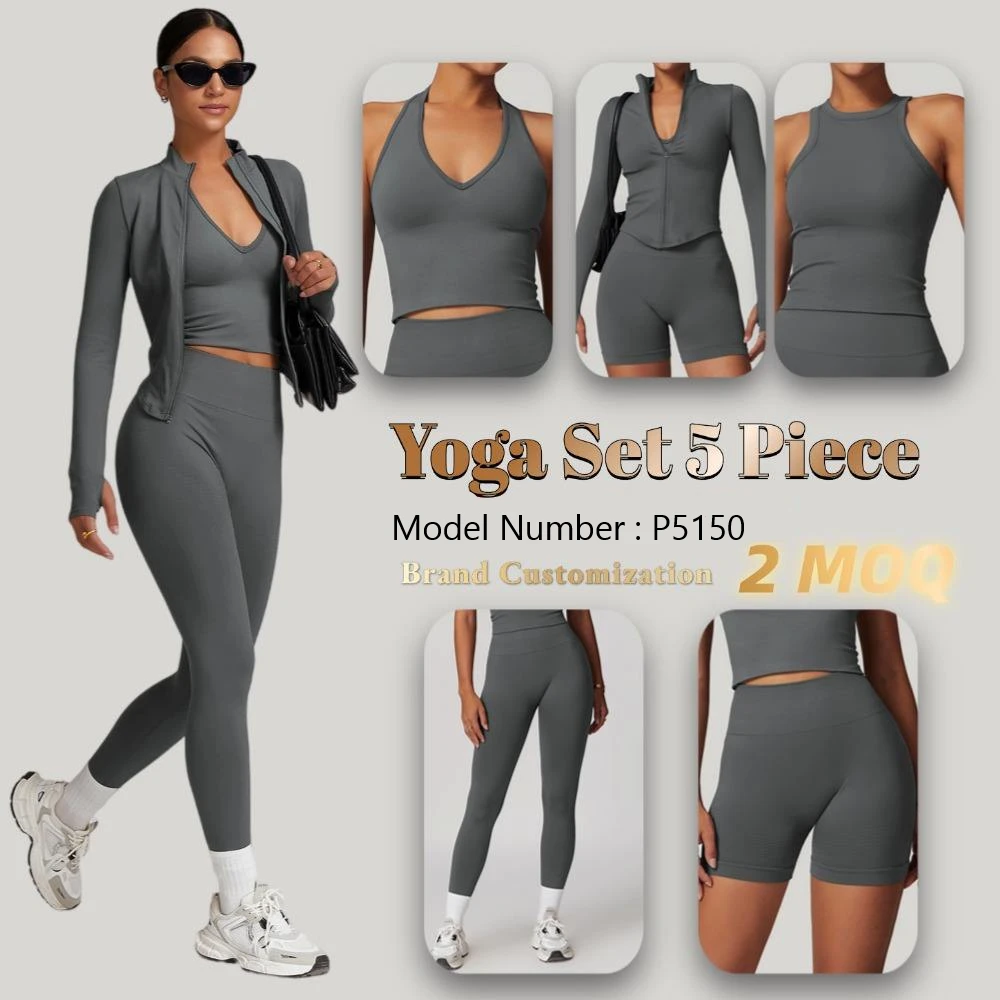 Women Plus Size 5-Piece Fitness Yoga Set Seamless High Waist Short Leggings Sports Bra Breathable Quick Dry Four-Way Stretch Gym