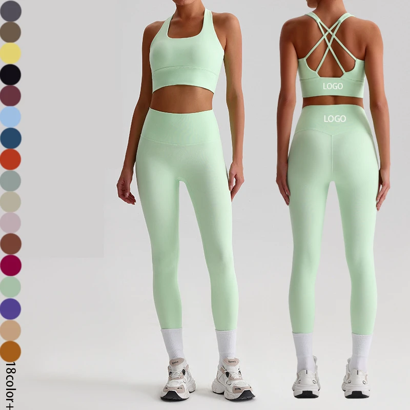 2025 New Arrival 18 Color Nude Feeling Cross Back Sport Bra High Waist Leggings 2 Piece Gym Wear Fitness Yoga Set