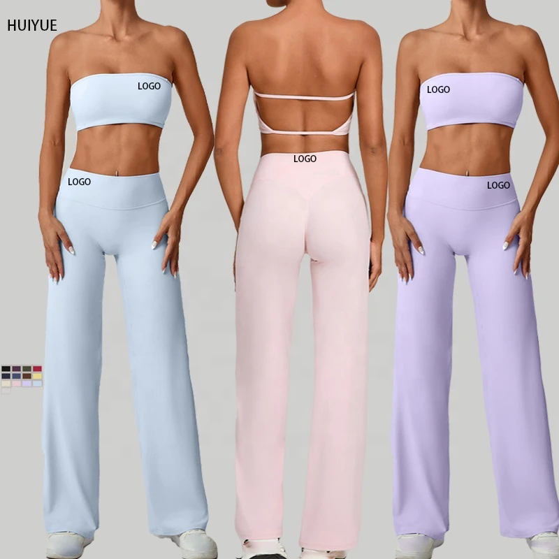 High Quality Women's Gym Fitness Set Solid Pattern 2-Piece Workout Outfits Strapless Yoga Bra High-Waist Sports Pants