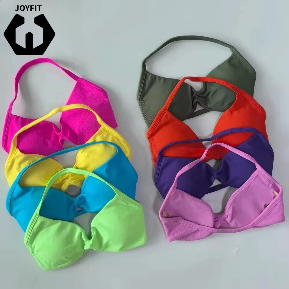 Strappy Bra Gym Crop Top Seamless Halterneck Bra High Stretch Removable Cups Push up Backless Sports Bra Yoga Clothing