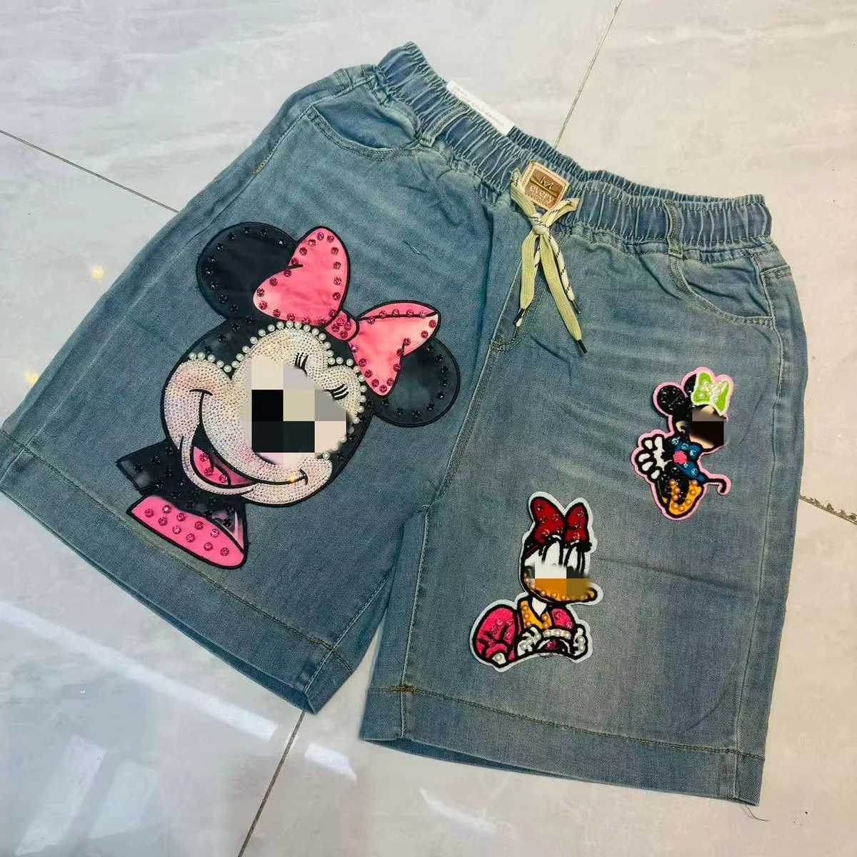 High Quality Rhinestones Cartoon Women Denim Short Pant OC147