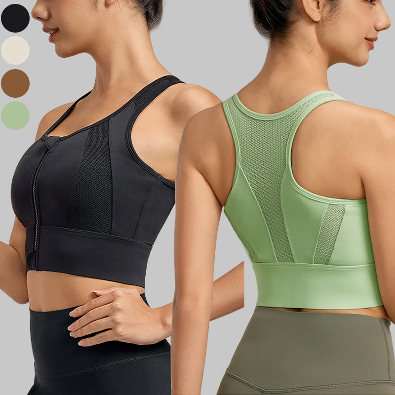 Wholesale Women's High Support Front Zip Fixed Pad Breathable Mesh Back Yoga Bra Gym Fitness Tank Top Shockproof Sports Bra