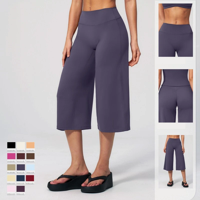 Wholesale New Fashion Summer Solid Spandex/Nylon Women's High Waist Quick-drying Loose Wide Leg Capris Sports Fitness