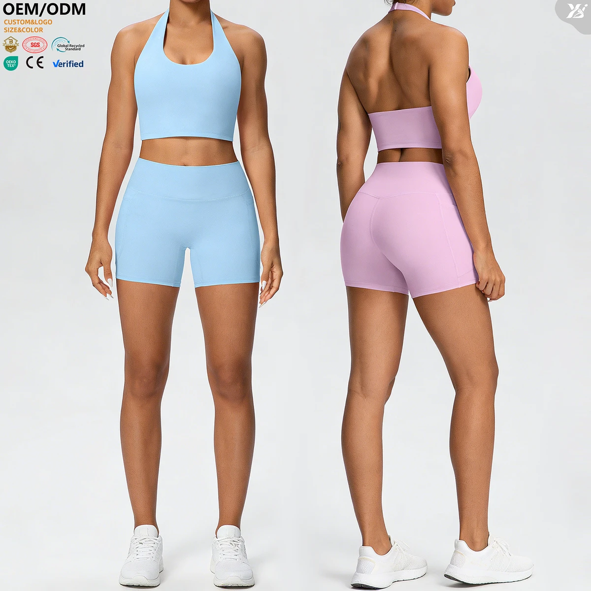 XW-7125+7109 Breathable Quick Dry Active Wear Halter U Neck Sports Bra High Waist Gym Fitness Short Solid Women Outfit Set Yoga