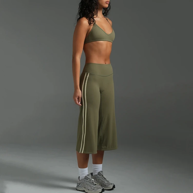 Newest OEM Women High Waist Two Side Striped Wide Leg Capri Leggings Soft Stretch Cropped Workout Yoga Pants Custom Logo