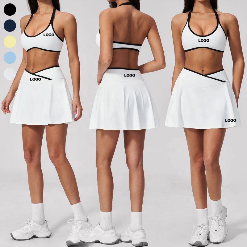 Women Color Blocking 2 Pieces Sport Suits Sleeveless Halter Sports Bra and V Cross Waist 2 in 1 Tennis Skirt Pickleball Outfits