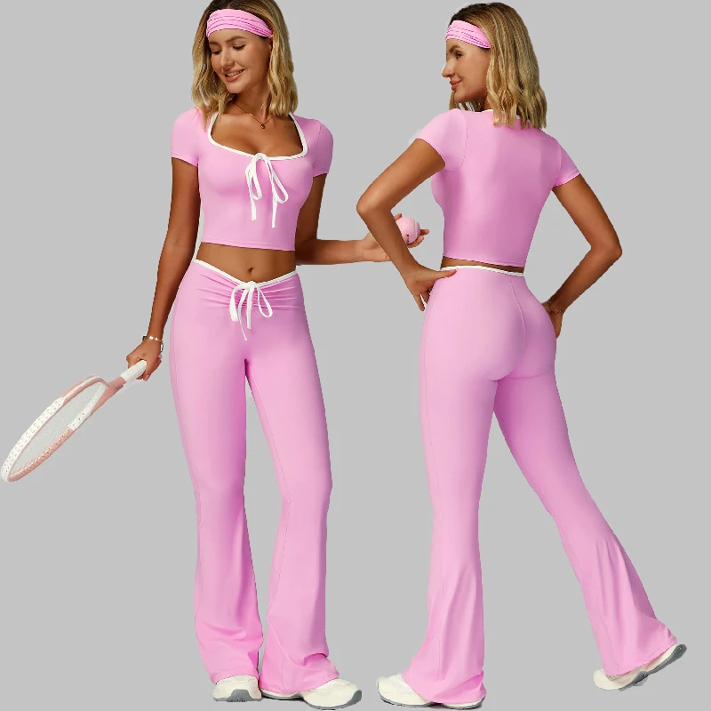 Hot Selling Women's Two Piece Yoga Suit High Waist Flared Pants Front Logo Cropped T-Shirt Fitness Fashion Stretch Sportswear