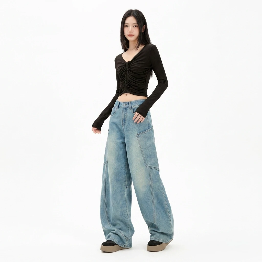 Women's Cotton Mid-Rise Wide Leg Jeans, Medium Wash, Multi-Pocket Hip Hop Streetwear Denim Pants, All Season Casual Trousers