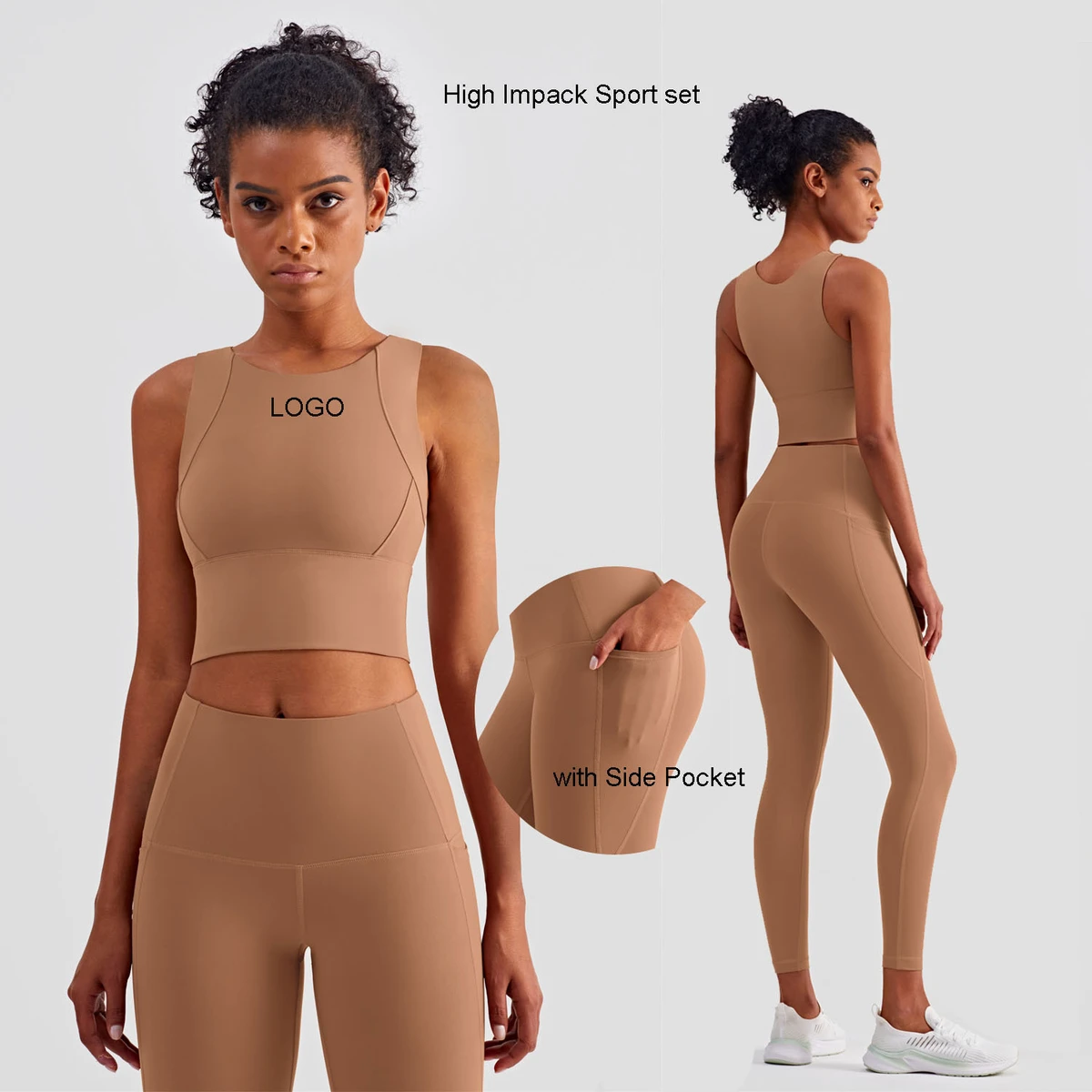 High Impact Shockproof Running Sports Bra Padded Tops Gym Fitness Yoga Wear High-waisted Hip Lift Yoga Pants with Side Pocket