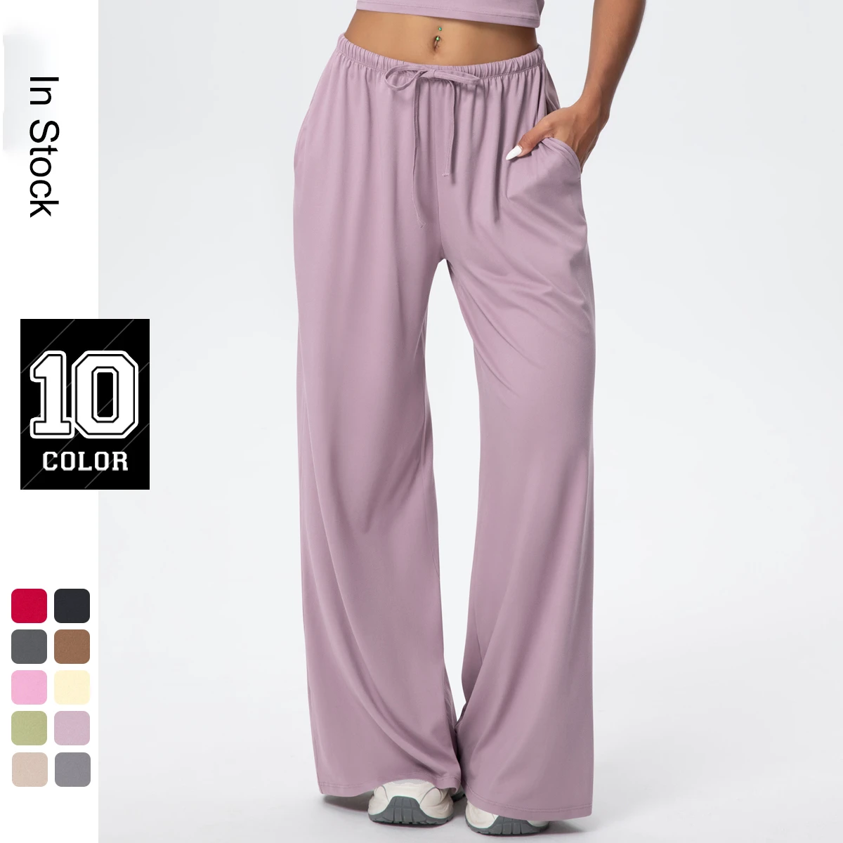 Women's Brushed Comfy High-Waist Wide Leg Yoga Pants With Elastic Waist & Pockets-Four-Way Stretch Sports Casual