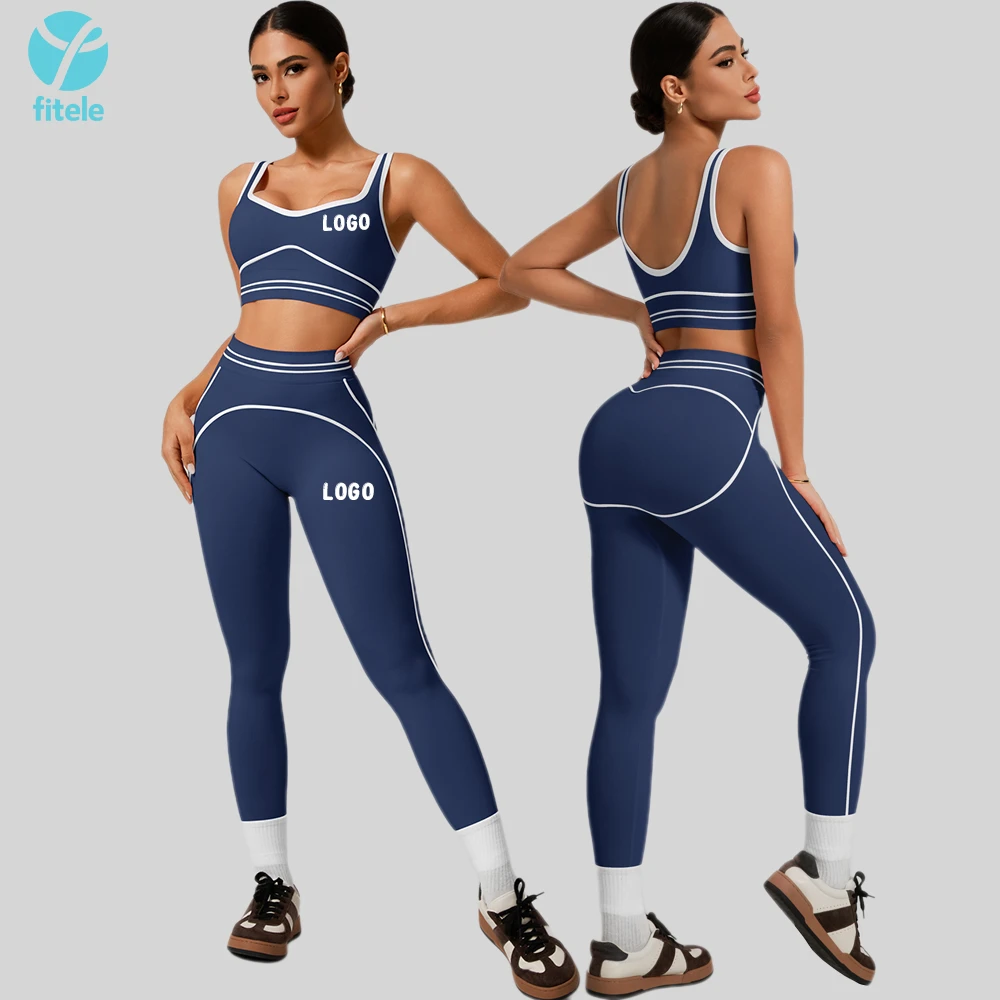 Fitele Custom Logo Gym Yoga Suits Set Women Color Blocked Sportswear High Waist Yoga Stretchy Running Training Workout Wear