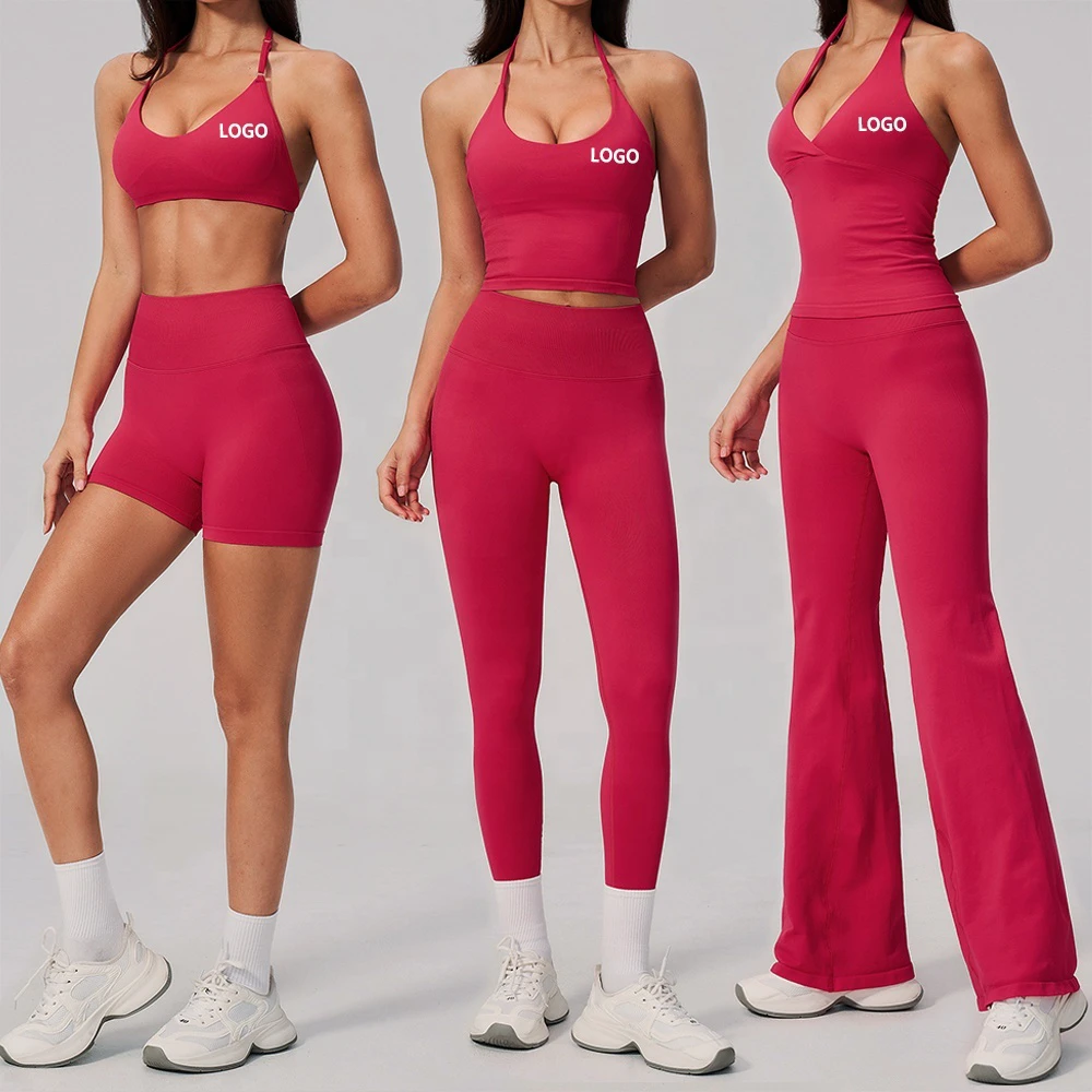 Outdoor Casual Yoga Pilates Aesthetic Outfit Set INS Style Yoga Suit High Impact Halter Neck Tank Top Flared Leggings Kit