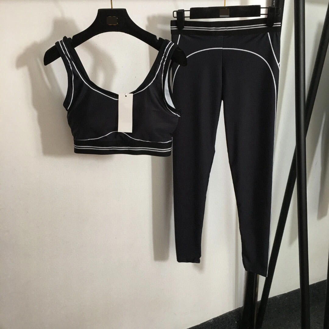 Top quality Elegant New Yoga Sports Suit Camisole + Breathable Striped Stretchy Slimming Leggings 2-Piece Set