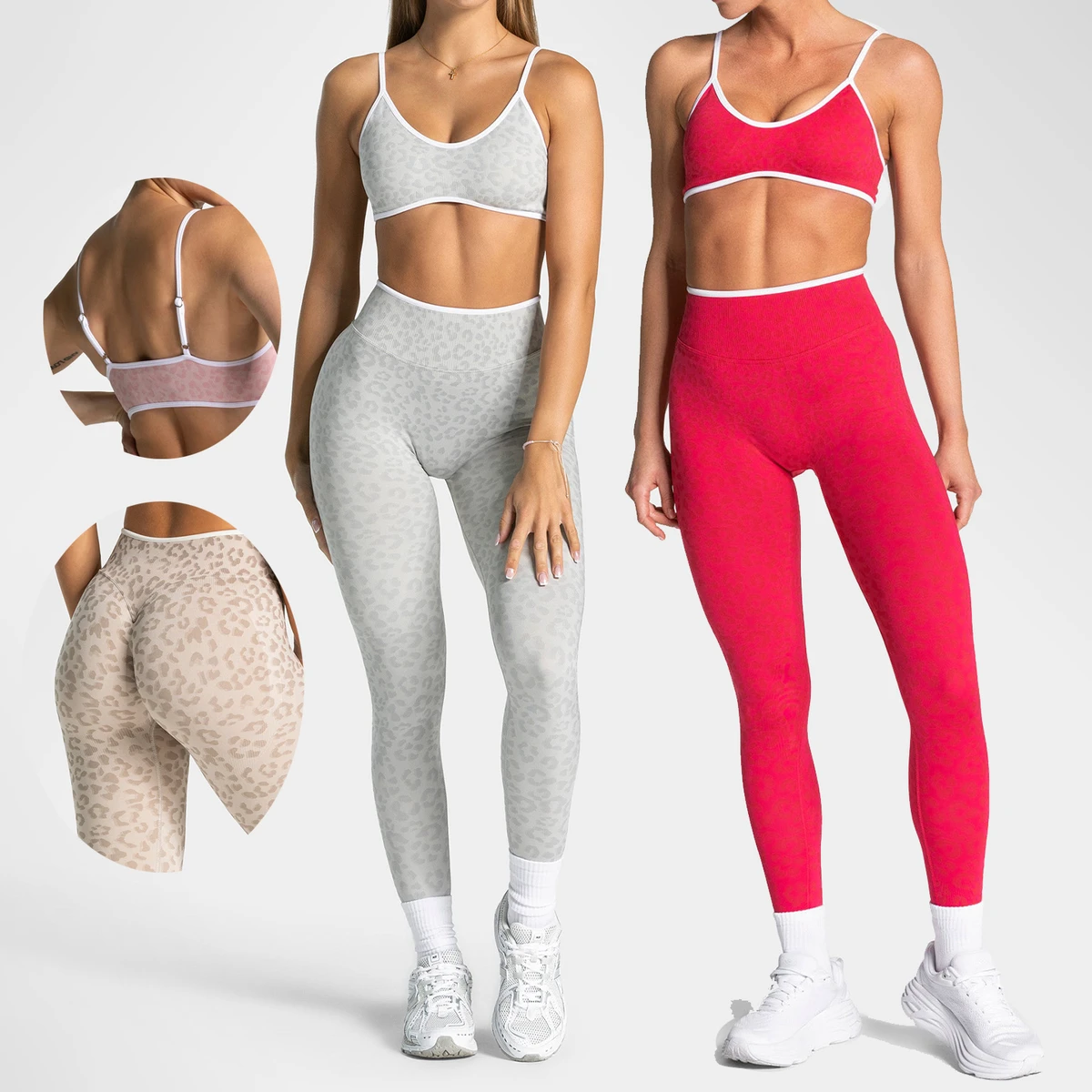 YIYI Leopard Print Seamless Yoga Bra Suit with Adjustable Strap Workout Set for Women High Waist Scrunch Booty Lift Leggings Set