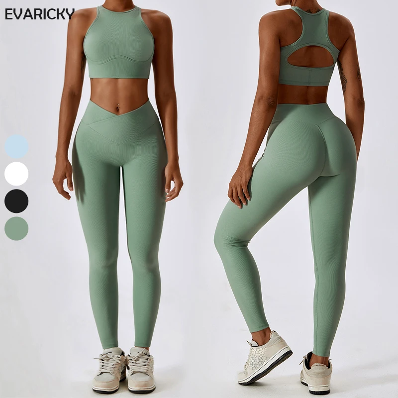 Custom Solid Breathable High Elasticity Racerback Yoga Crop Top V Cut Leggings 2 Piece Workout Ribbed Activewear Gym Fitness Set
