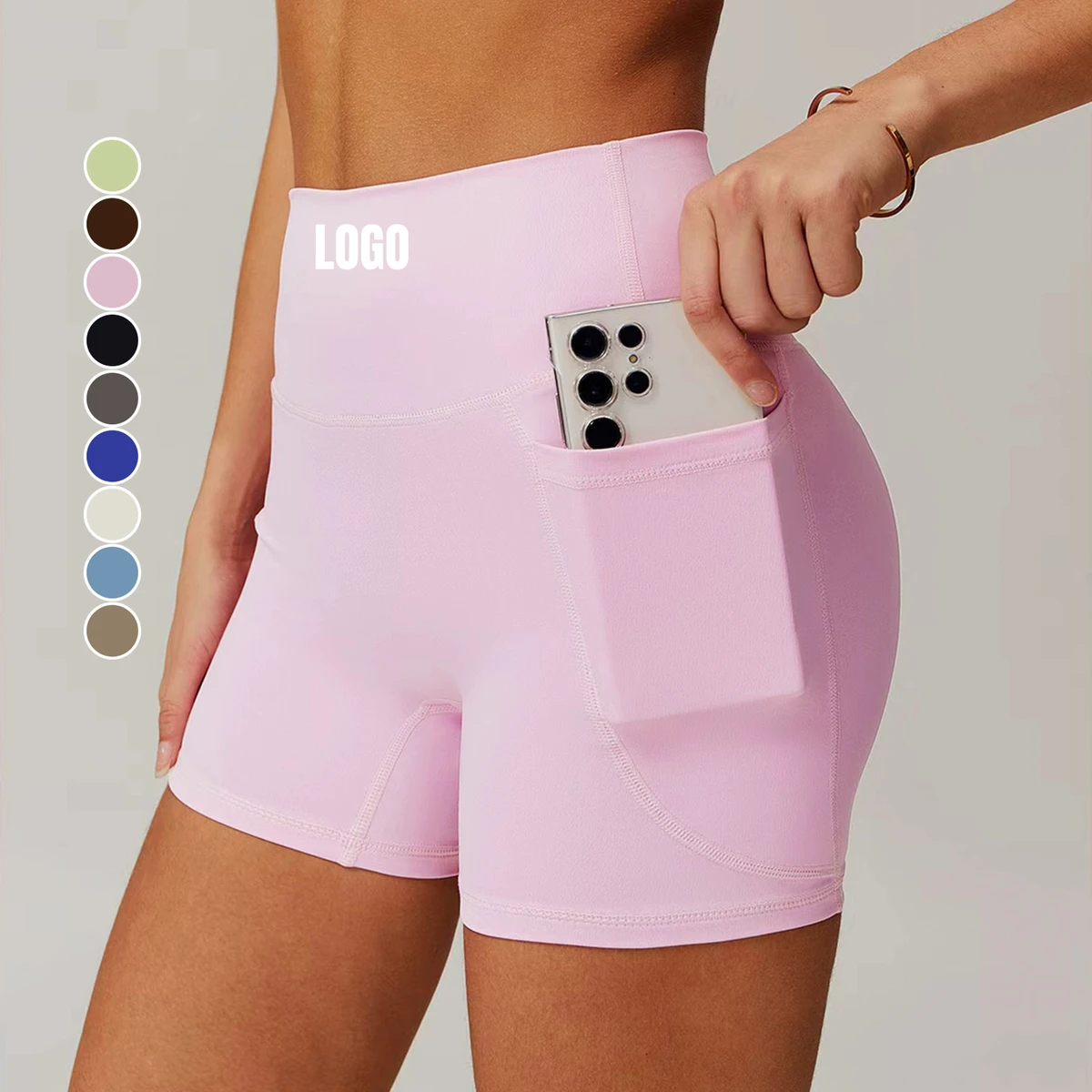 Custom Best Quality Women's Naked Feeling High-Waist Yoga Shorts Solid Color Quick Dry Workout Running Gym Shorts with Pocket