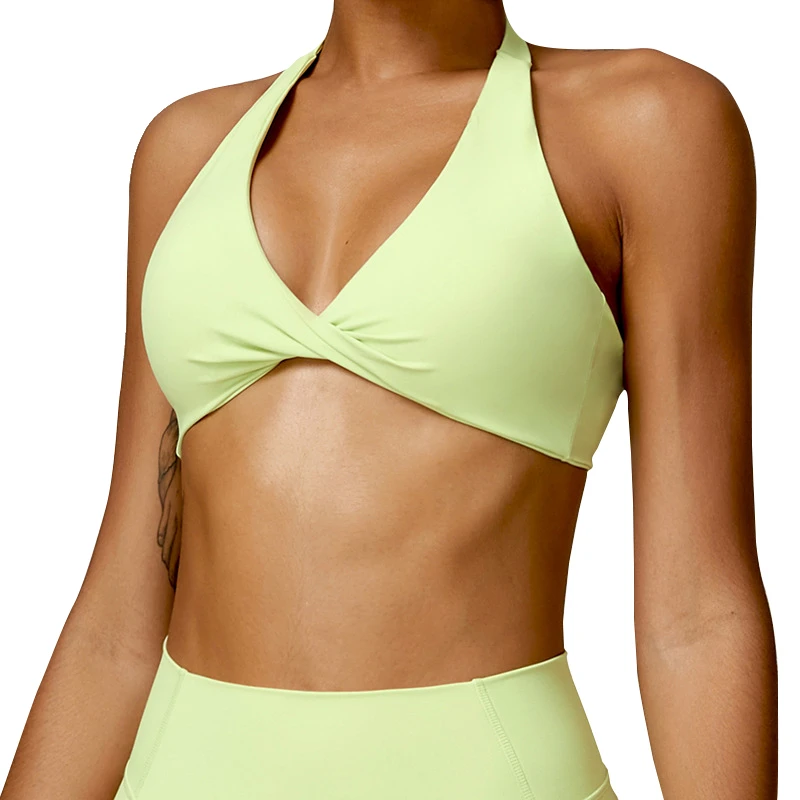 Women's Elastic Yoga Sports Soft Lightweight Backless Bra Breathable Active Wear Halter Neck Design Nylon Spandex Lining Outdoor