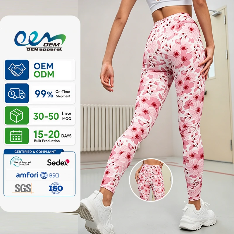 Custom Sportswear Supplier Women High Waist Floral DTG Full Printing Nylon Spandex Quick Dry Gym Workout Pilates Yoga Leggings