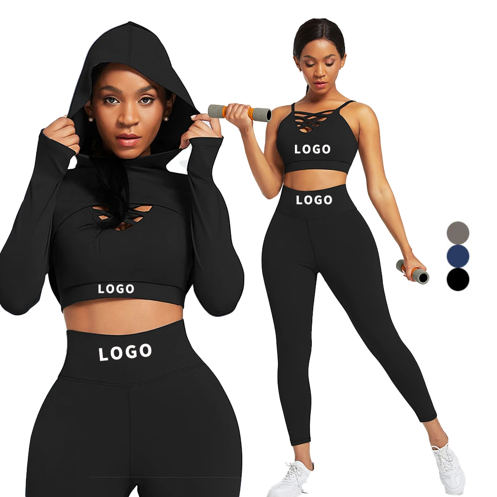 Custom Logo Modest Active Wear Hoodies 3 Piece Workout Set Women Ropa Deportiva Mujer Hollow Yoga Sets