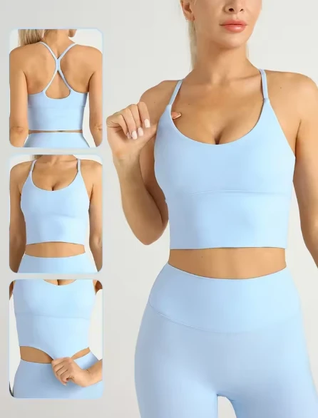 Light Blue Seamless Sports Bra Set With High Waist Leggings For Yoga Fitness Workout
