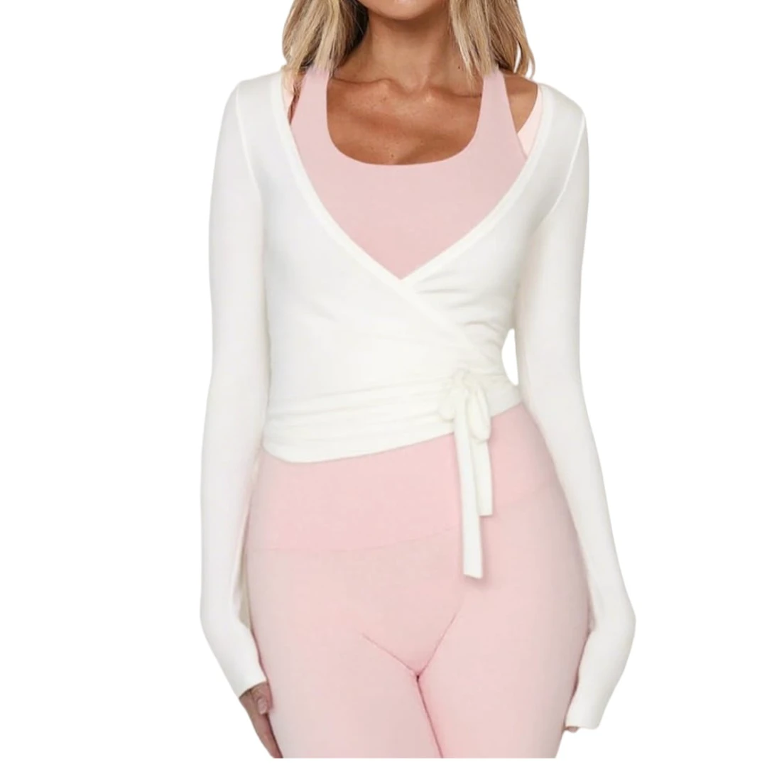 Women Ballet Wrap Top Long Sleeve Self Tie Dance Shirt Pilates Yoga Tops Workout Active Blouses