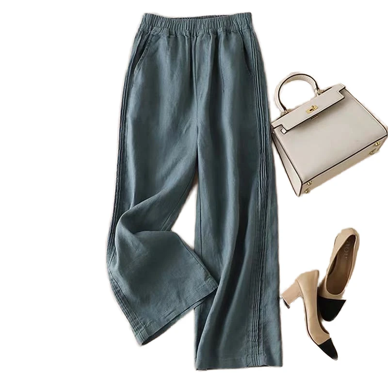 Women's Blue Printed Solid Regular Fit Breathable Knitted Spandex/Polyester Mid-Waist Casual Flat Front Cropped Wide Leg Pants