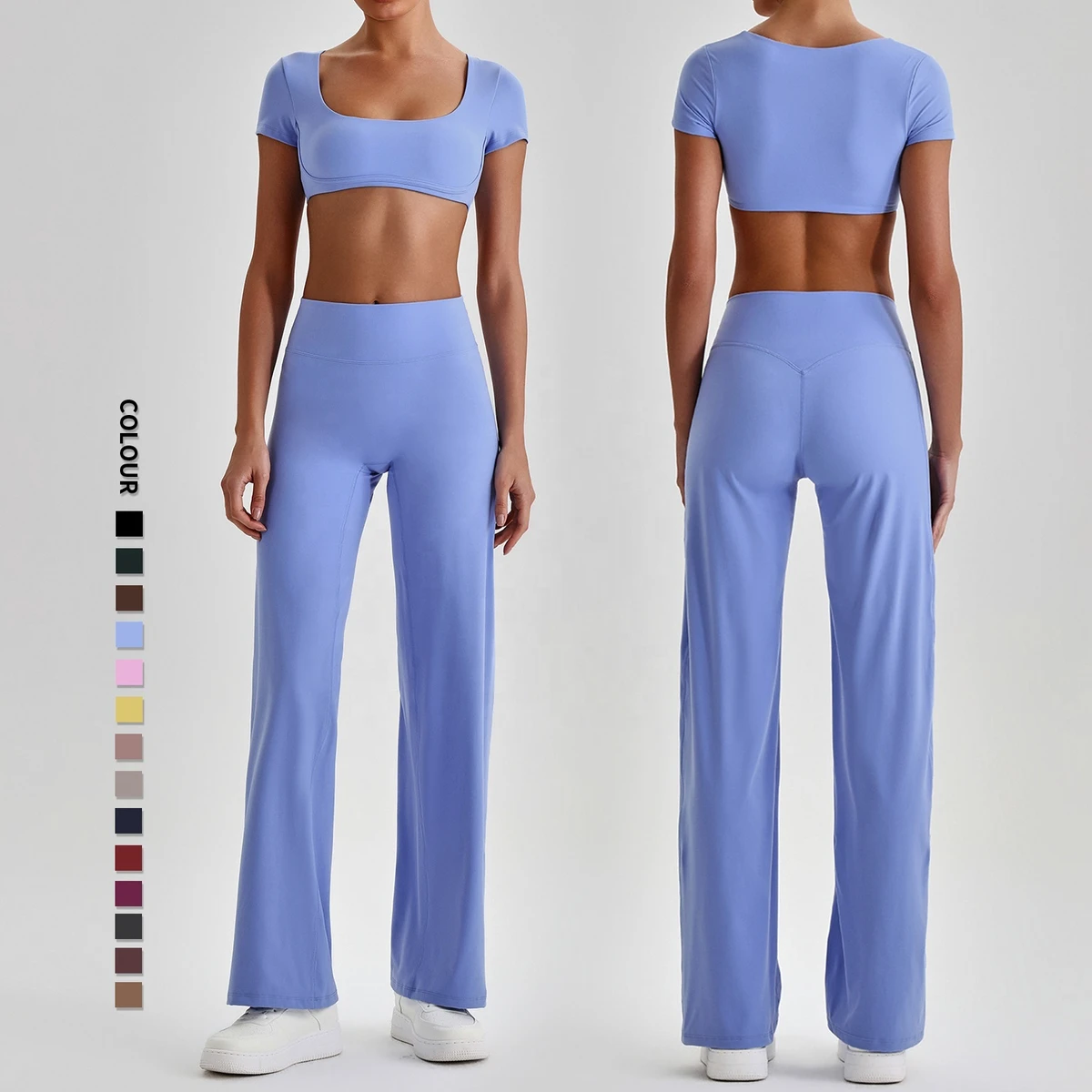 SHINBENE Super Cloud Women 2Pcs Casual Yoga Suit Straight Leg Wide Leg Sports Crop Top Workout Gym Fitness Set