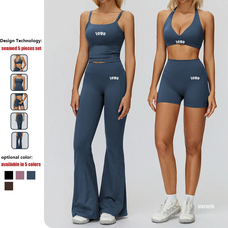 Female 5Pieces Quick Drying 4 Way Stretch High Waist Slim Fit Hip Lift Workout Breathable Fitness Outdoor Yoga Set