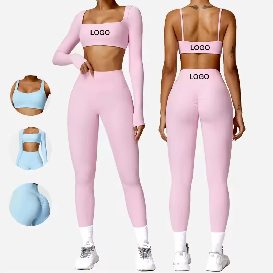 High Quality Scrunch Shorts and Bra Long Sleeve Workout Sportswear Women 2 PCS Yoga Suit Women Square Neck Sports Sets
