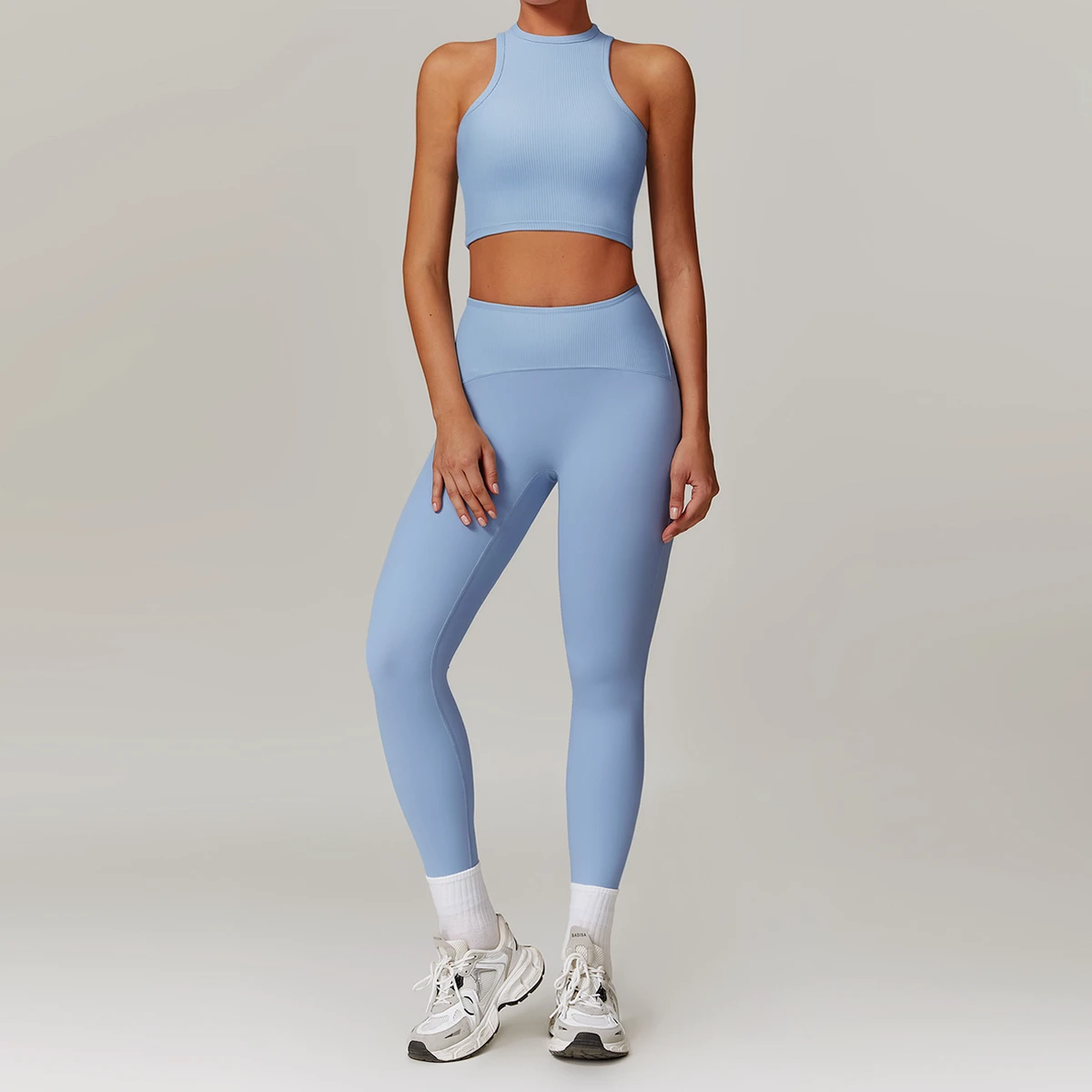 Hot Sales Solid Colors Padded Skinny Gym Tops and High Waist Active Leggings 2025 Slim Fit Nylon Women's Ribbed 2PCS Yoga Sets