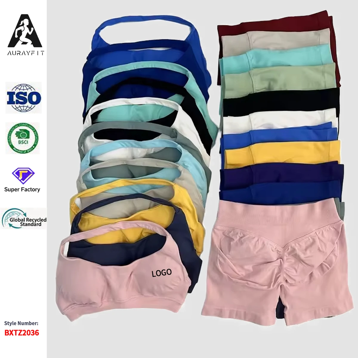 No Logo Solid for Impact Yoga Top Shorts Set Seamless Anti-Wrinkle Workout Halter Sports Bra Scrunch Shorts Fitness Gym Suit