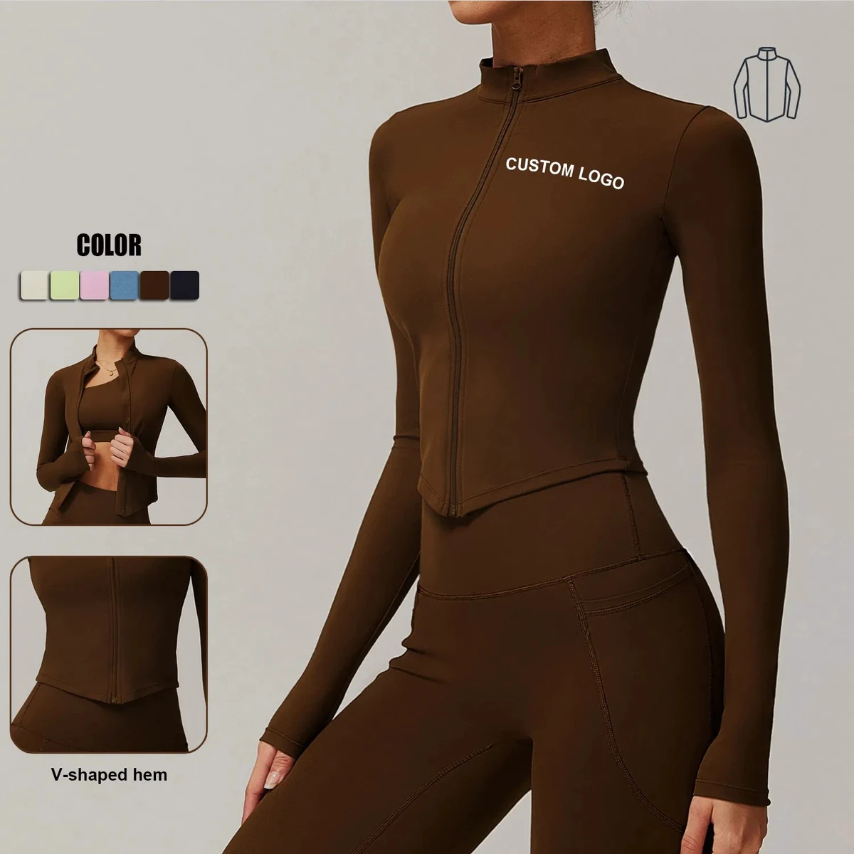 Quick-Drying Solid Nude Women's Running Yoga Tight Long-Sleeved Sport Jacket With Zipper Eco-Friendly Breathable 2-Piece Set