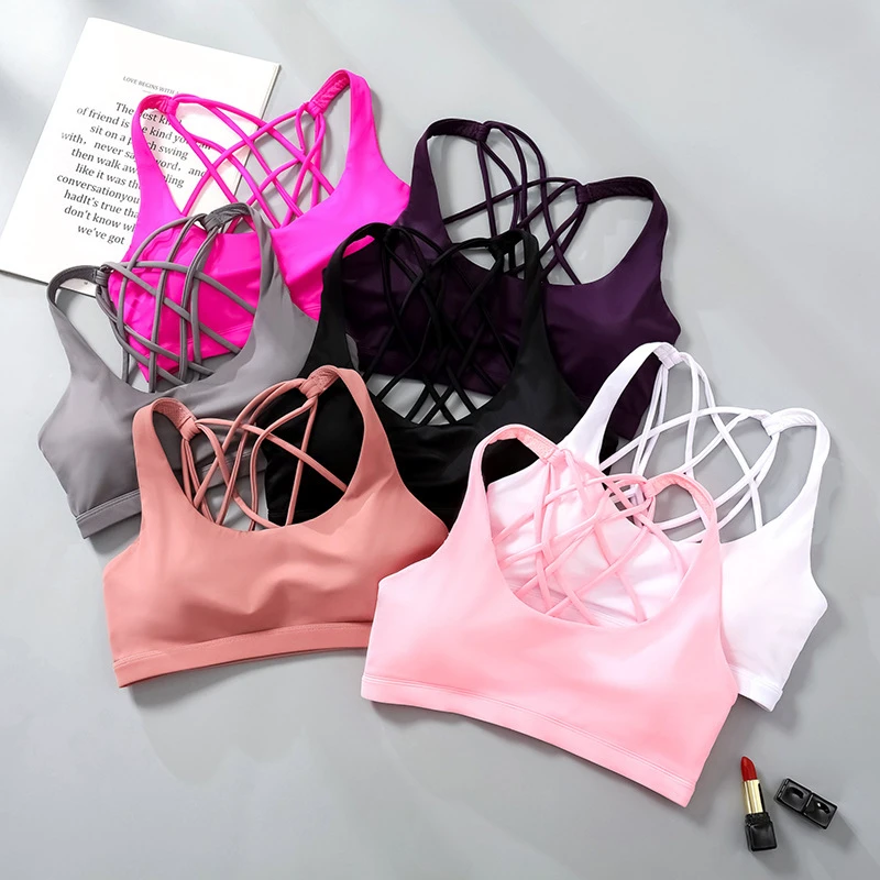 Custom Logo Halter Cross Back Fitness Bra Gym Round Neck Yoga Bra Workout Yoga Top Seamless Yoga Sport Bra for Women