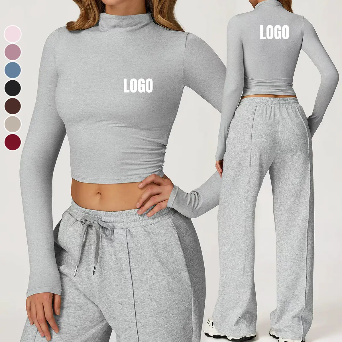 Custom Women's Quick Dry Sports Fitness Sets Breathable Long Sleeve Yoga Top Loose Wide Leg Sweatpants Womens Running Gym Sets