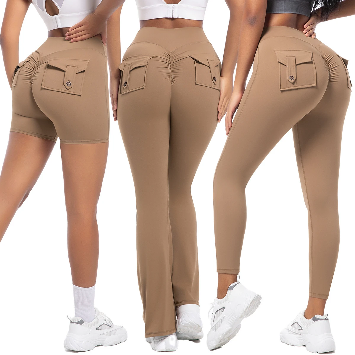 2026 Custom Logo Wide-Leg Flare Cargo Style Tight-Fitting Butt Lift Tummy Control High Waist Yoga Leggings for Women Scrunch