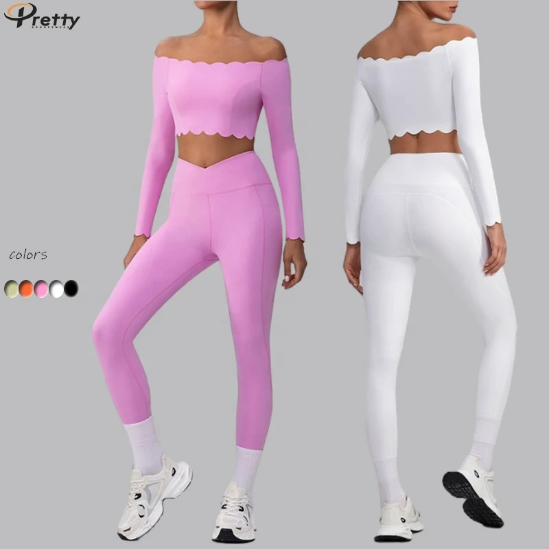 Yoga Sets Fitness Women Long Sleeve Push-up Off-Shoulder Yoga Crop Top V Shape Quick Drying High Waist Butt Lifting Leggings