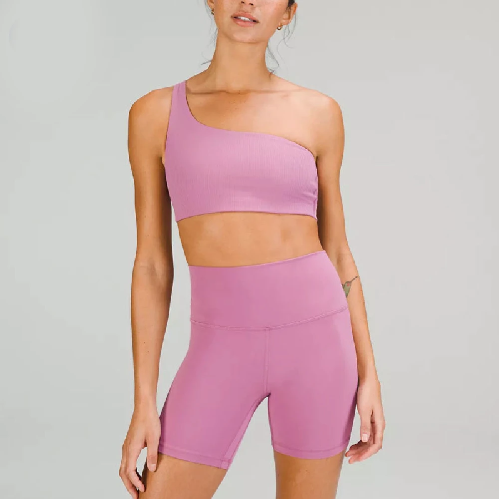 Women One Shoulder Solid Sports Bra 2 Piece Set High Stretch Elastic Waist Short Leggings Matching Fitness Outfit