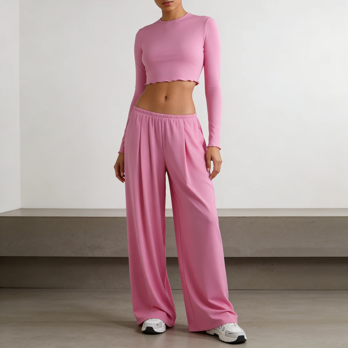 Women's 2 Piece Workout Set, Long Sleeve Fitted Crop Top + Loose Wide Leg High Waist Pants, Flowy Athletic Yoga Gym Tracksuit