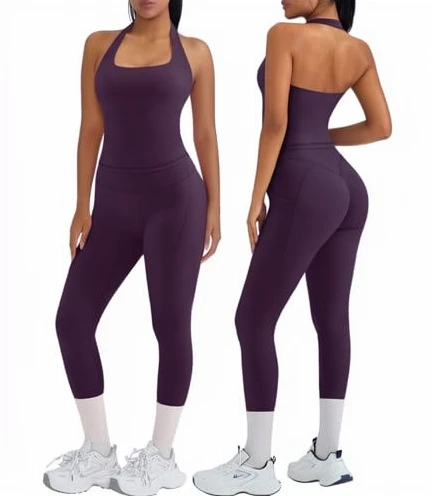 Cross Back 2-Piece Yoga Set, Halter Neck Tank Top & High Waist Leggings Butt Lifting Workout Outfit