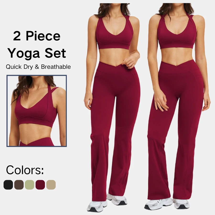 Womens Two Piece Halter Backless Sports Bra Cross Waist Flared Leggings High Rise Tummy Control Butt Lifting Yoga Set