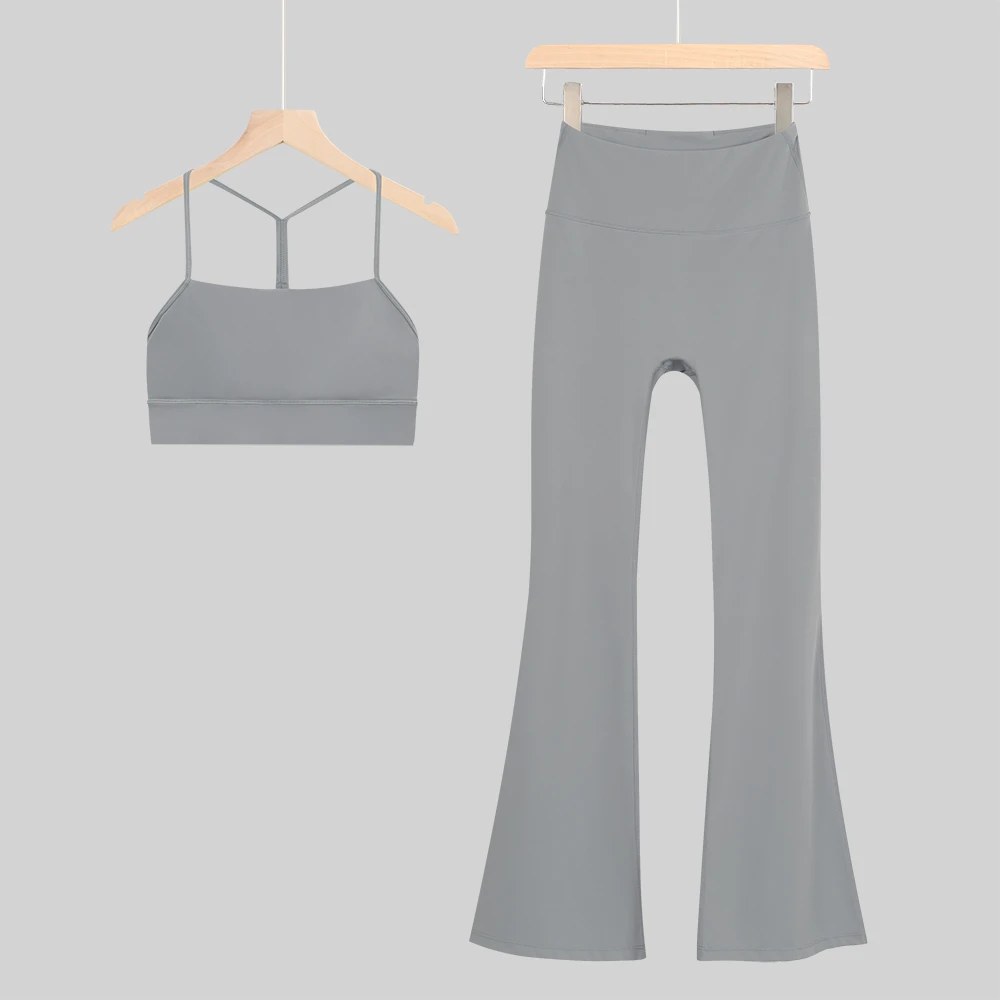 Gray 2-Piece Yoga Set High Waist Flared Leggings Crisscross Strap Top Seamless Full Length Solid Color Women's Activewear