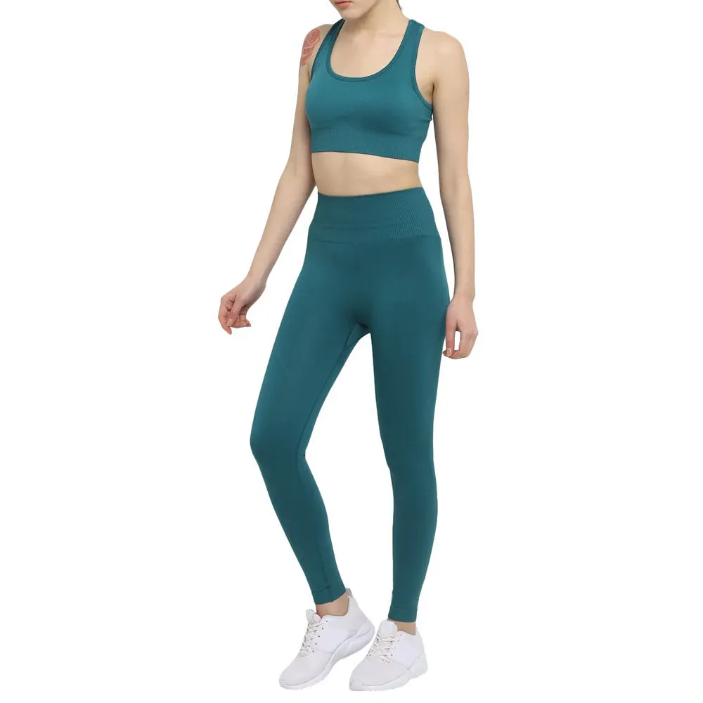 High Waist Seamless Full Length Leggings Solid Green Spandex Polyester Four-Way Stretch Yoga Wear Women