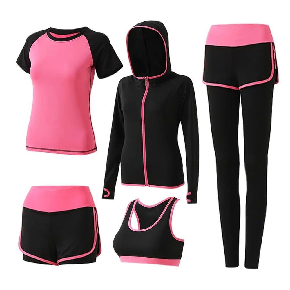 New Arrival Latest Design Women's 5-Piece Solid Plus Size Yoga Shorts Set High Quality Spandex/Polyester Quick Dry Breathable