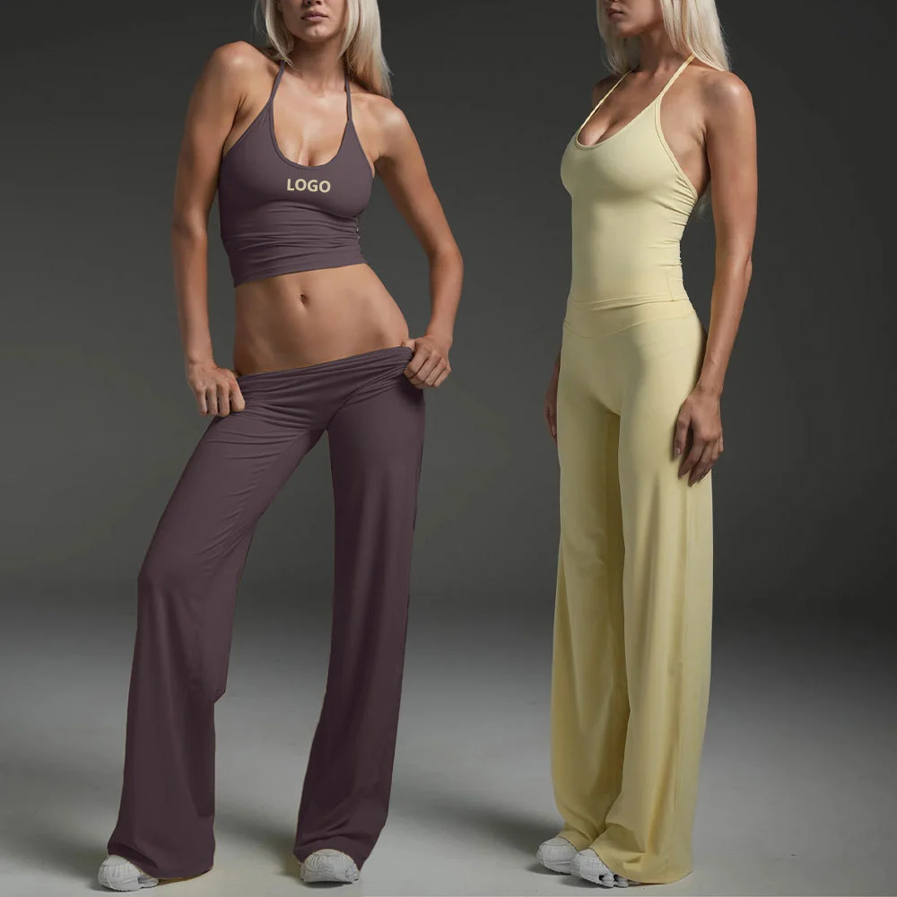 New Custom Gym Clothes Set Custom Logo Activewear Backless Deep-v Neck Vest Workout Yoga Leggings 2 Piece Sets for Women