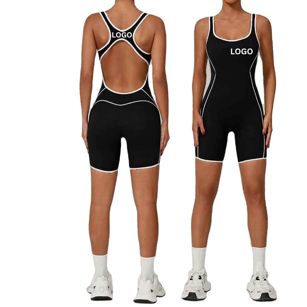 Custom Autumn Summer New Fashion Backless Color-Blocking Yoga Jumpsuit Women Tight Butt-Lifting Fitness Sports One-Piece Outfit