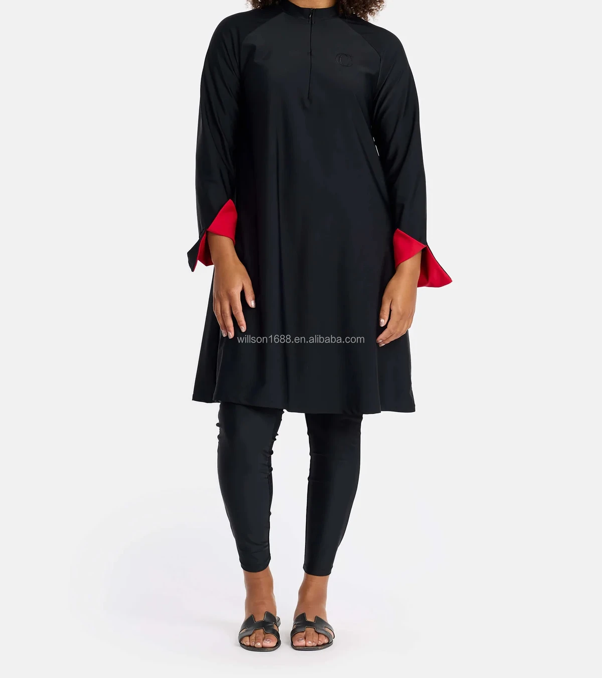 Elegant Breathable Contrast Sleeve Plus Size Burkini 3-Piece Set Oversized Invisible Zipper Top Legging Turban Quick-Dry Nylon