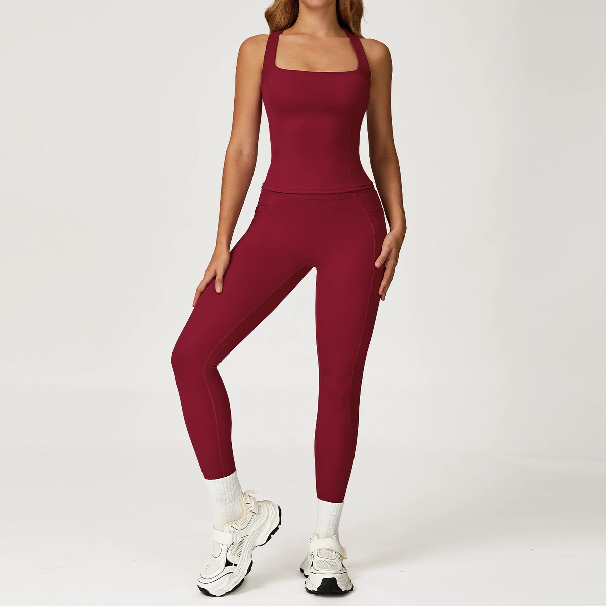 Women's Lightweight Workout Outfit High Waist Yoga Pants Square Neck Tank Top Breathable Solid for Outdoor Exercise Front