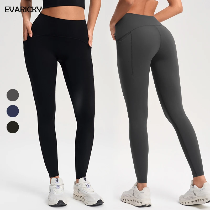 EVARICKY High-Waisted Nude Soft Elastic Waist Yoga Pants Quick-Drying Tight Sports Fitness Yoga Leggings for Women With Pocket