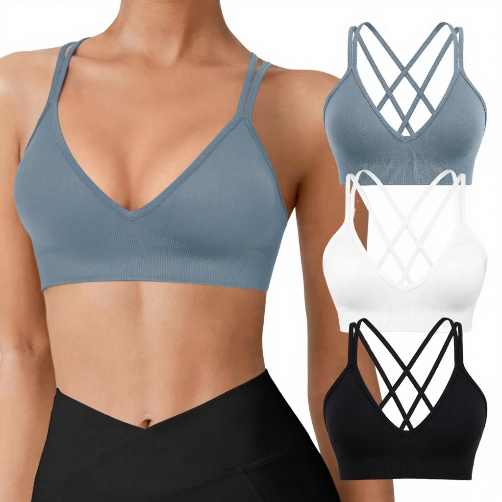 Women's Seamless Medium Support Sports Bra Deep V-Neck Crisscross Straps Comfortable